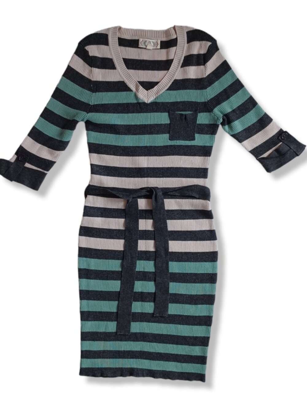 Pink Rose Big Girls Sweater Dress Ribbed Knit Striped Gray Green Bodycon Size L